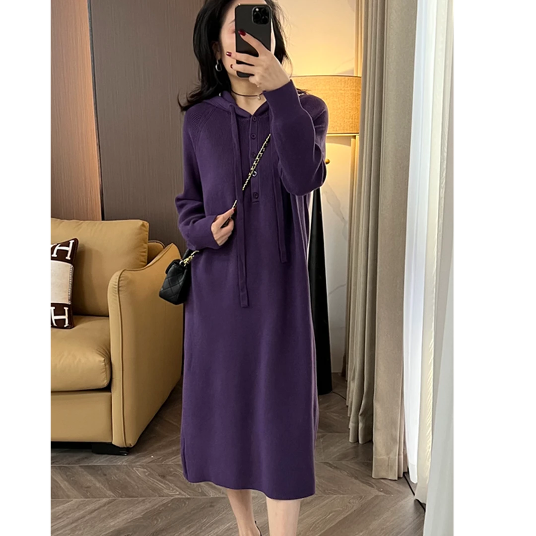法式复古连帽针织连衣裙女秋冬2025新款小个子慵懒宽松休闲毛衣裙