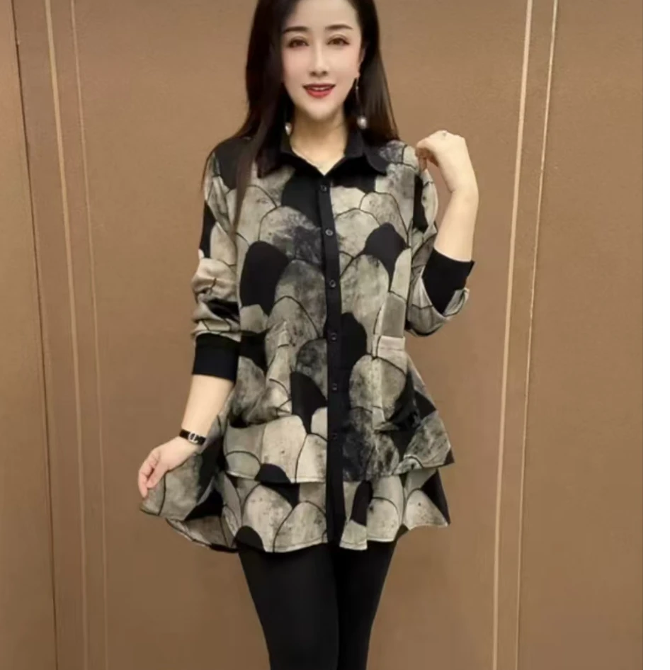 春季新款洋气妈妈遮肉大码中长款衬衫女减龄气质长袖开衫上衣