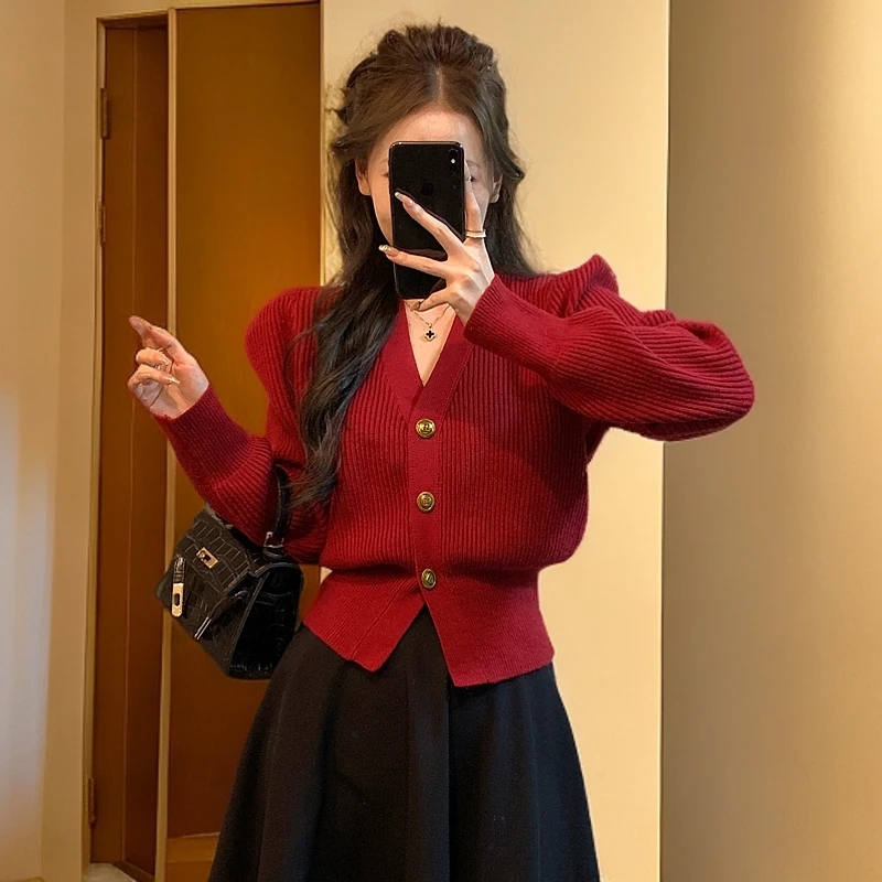 学院风本命年气质毛衣开衫女春秋季2025新款复古收腰短款红色上衣