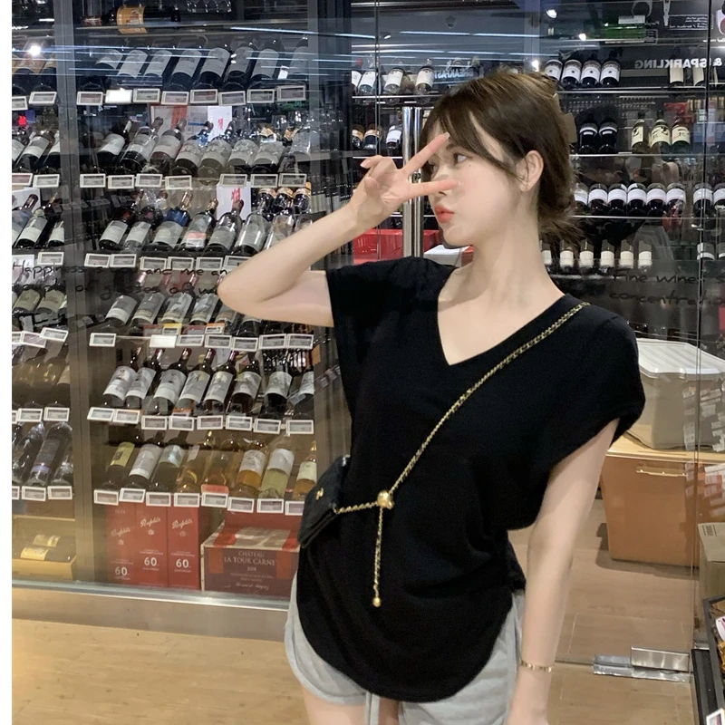 夏季新款短袖t恤时尚款V领孕妇上衣中长款百搭韩版宽松弹力孕妇装