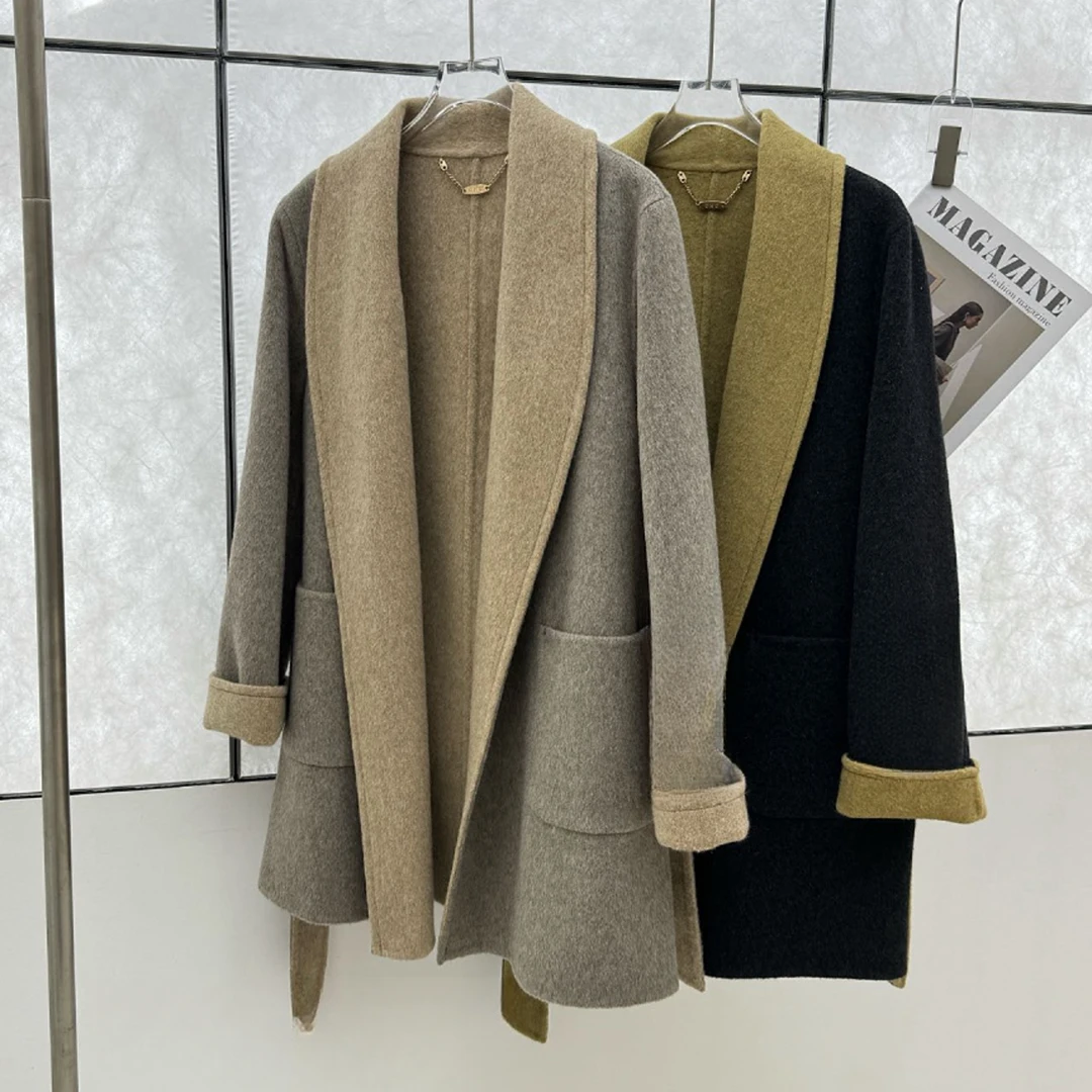 秋季通勤风纯色秋冬格子毛呢外套时尚呢大衣宽松25035