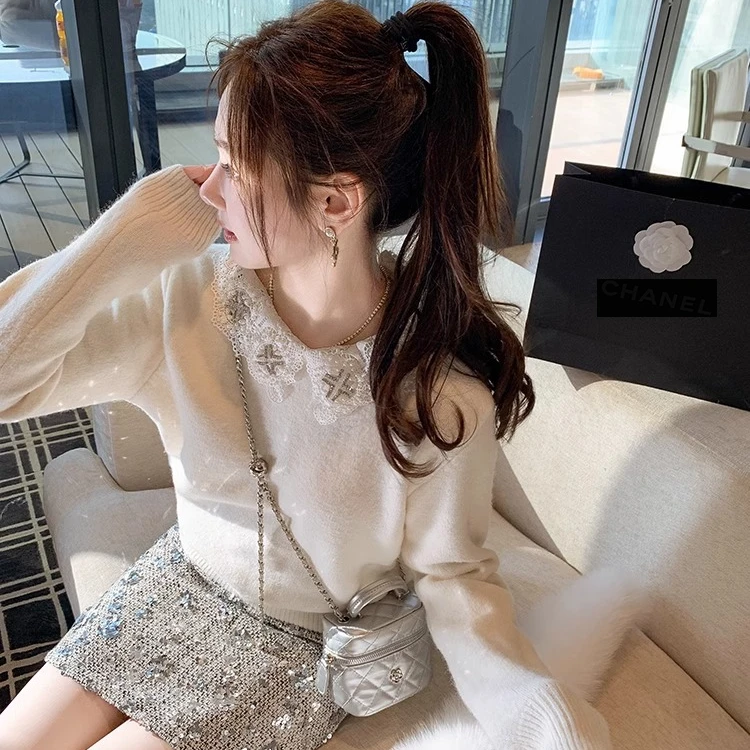 鱼兔子的兔子时尚法式针织长袖娃娃领亮钻撞色拼接毛针织衫气质