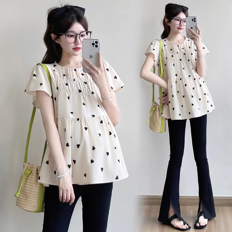 孕妇装2025显瘦夏季新款法式减龄甜美爱心衬衫褶皱孕期上衣洋气