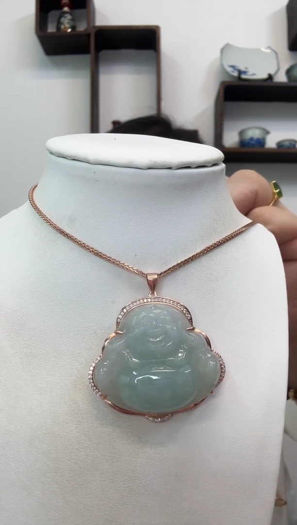 吊坠(赠链)银S925镶嵌翡翠佛公玫瑰边