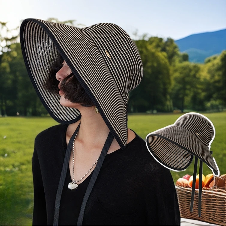 Lagur超大帽檐条纹环绕式防晒帽草帽海边遮阳帽帽子夏季毛茸茸