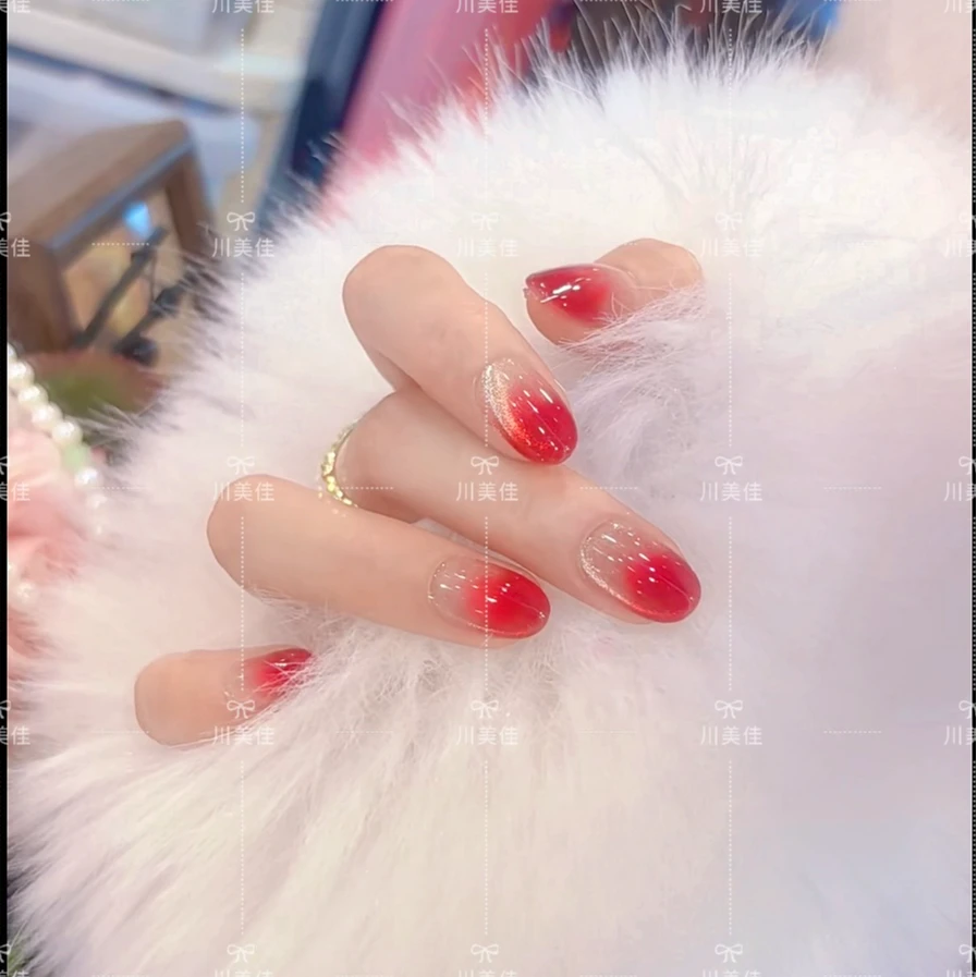 川美佳《复古电话亭》气质显白透红渐变猫眼纯手工穿戴甲