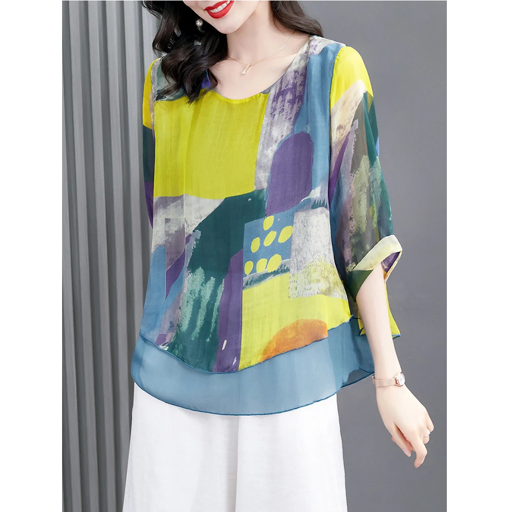 2025夏季时尚新款宽松大码印花高端t恤上洋气妈妈夏装衬衫衣服女