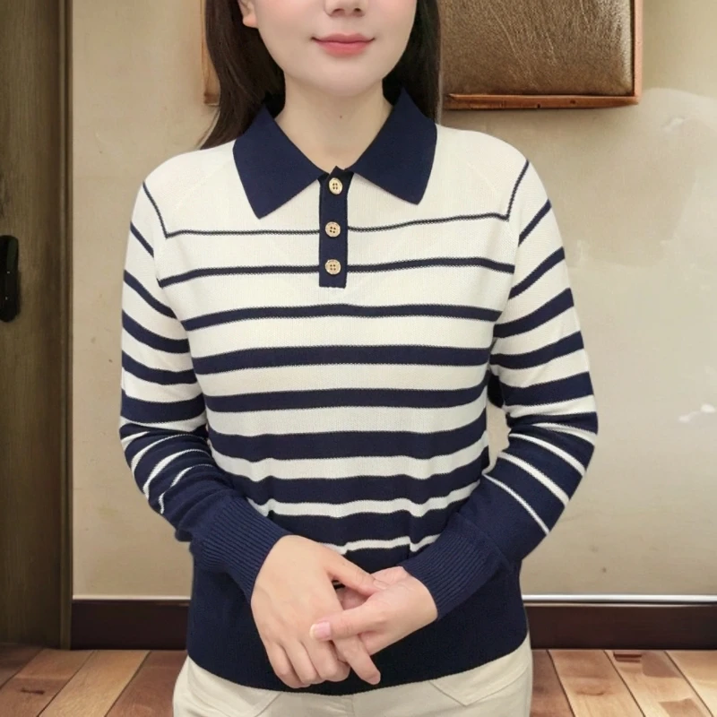 兰精天丝桑蚕丝长袖条纹针织衫