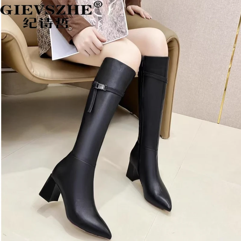 纪诗哲女靴时尚真皮时装靴女2025秋冬新款高跟潮流百搭骑士靴女款