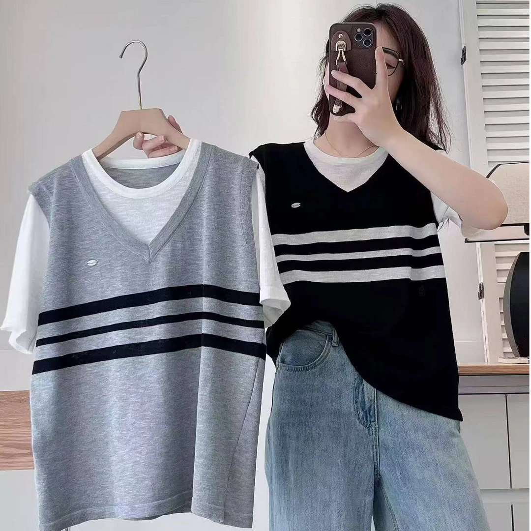 学院风拼接假两件短袖女夏季设计感撞色条纹宽松t恤冰丝针织上衣