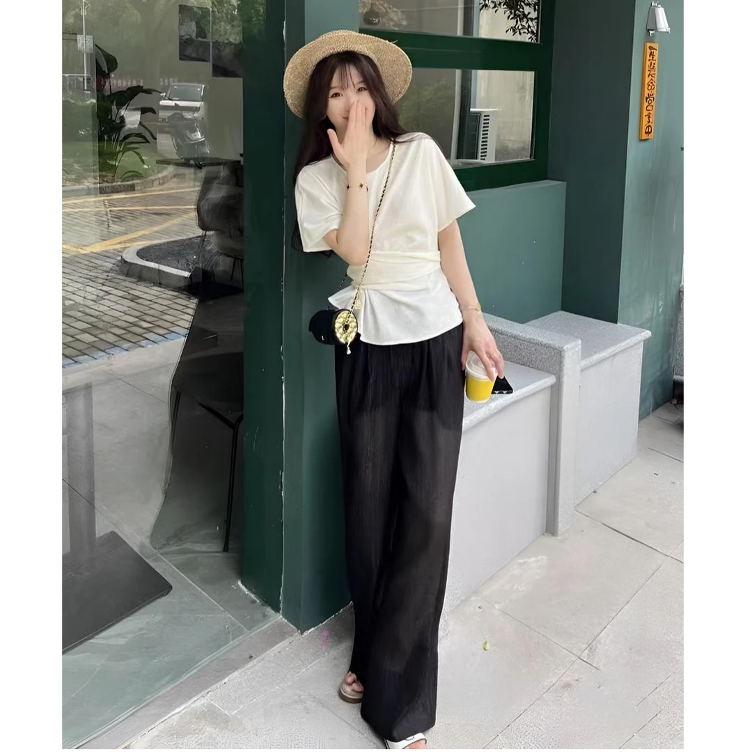 【轻熟•伊佐L】NN3058新款夏季纹理感舒适阔腿休闲裤显瘦气质高腰