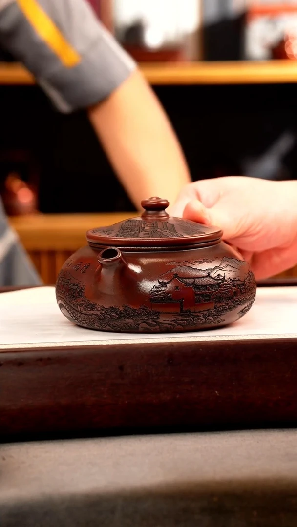 茶壶紫砂铁皮石红 大寒江 刻绘