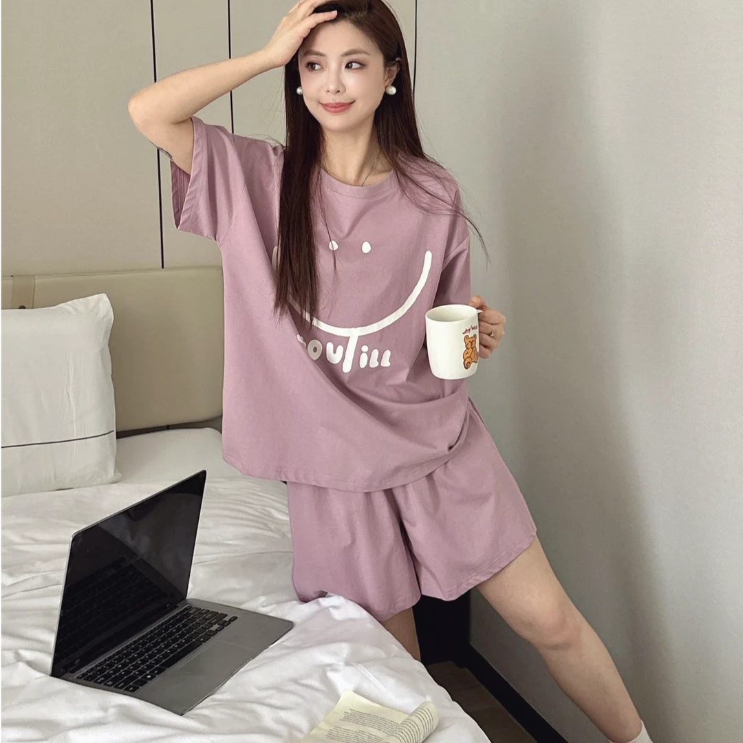 夏季女士休闲宽松笑脸夏天宅家短袖短裤笑脸可外穿家居服睡衣套装