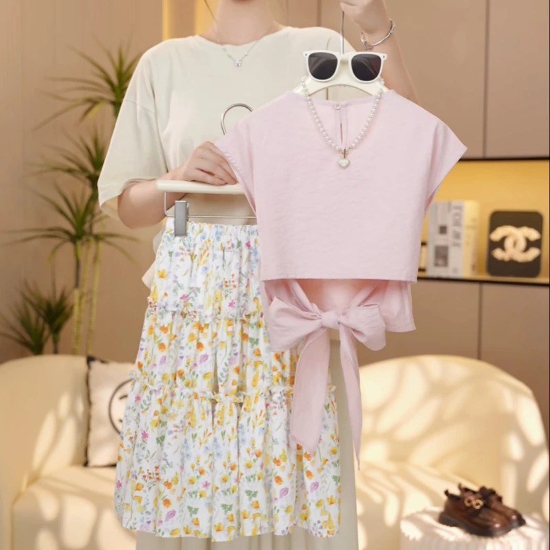 【糖宝魔豆】女童套装夏季新款女孩洋气碎花半身裙夏装时尚百搭短袖