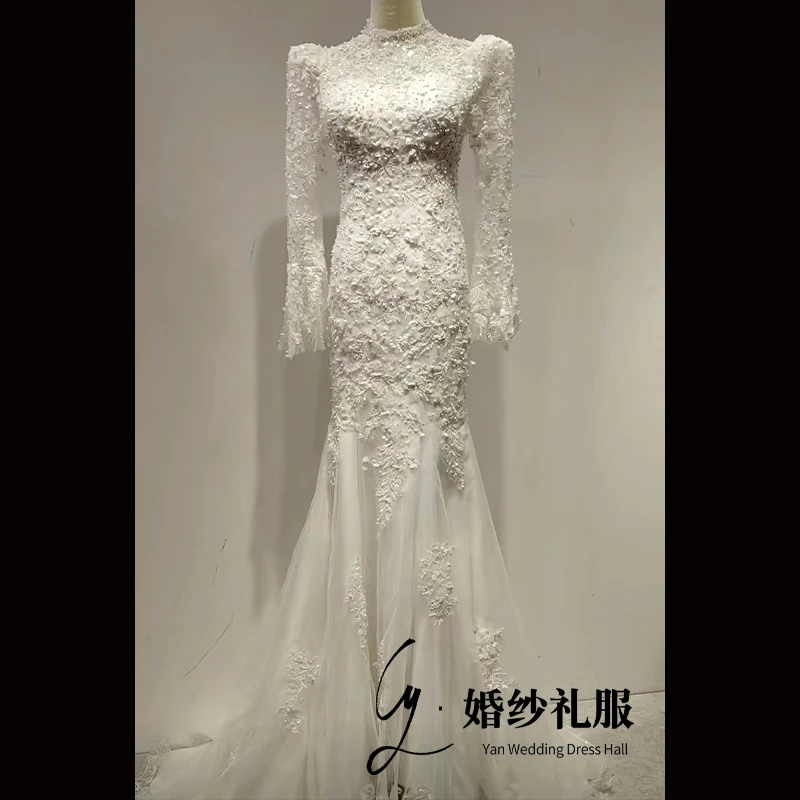 定制款 原创  高腰蕾丝女立体裁剪拖尾裙婚纱复古法式鱼尾婚纱