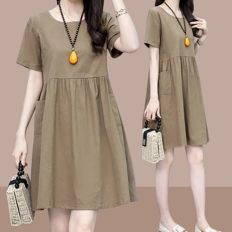 显瘦时髦连衣裙女夏2025年新款大码宽松显瘦淑女纯色短袖遮肚裙子