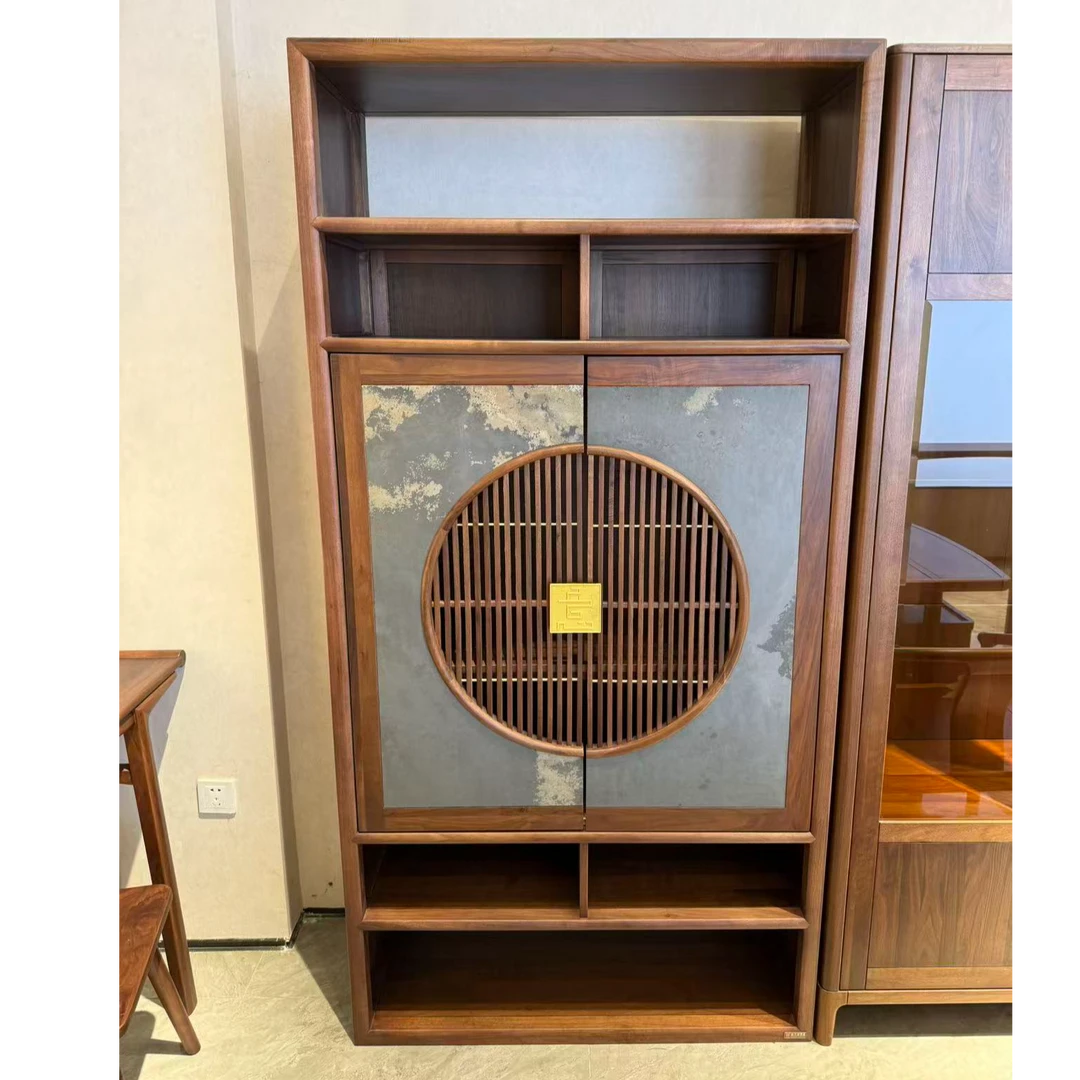 宋式美学北美黑胡桃木茶水柜大容量收纳茶具茶叶分类放岩板书柜