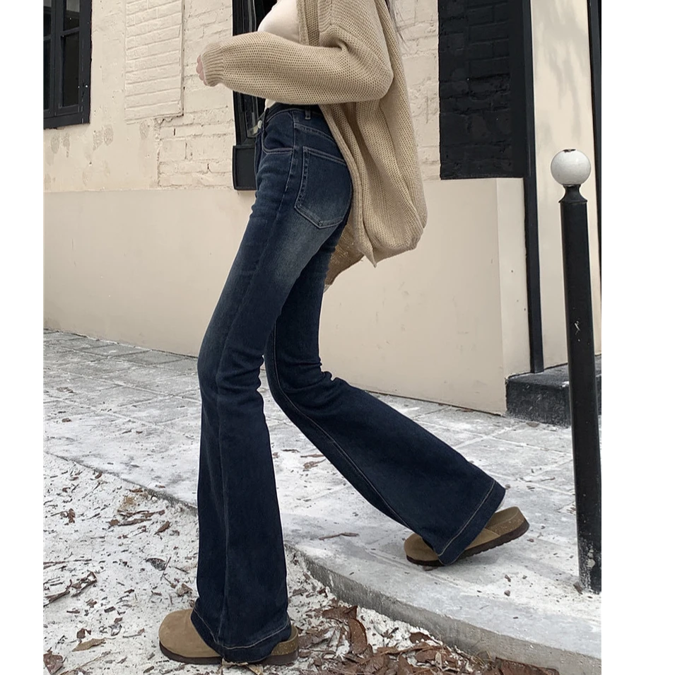 深海蓝2025年春季新款弹力超柔喇叭女显瘦牛仔裤微喇长裤子