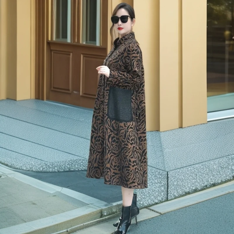 50155高端气质阔太太提花棉风衣秋宽松休闲长款时尚妈妈大码外套