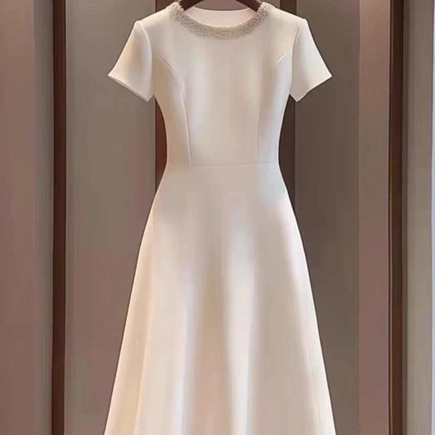 【编码18】气质通勤短袖收腰中长款格子连衣裙