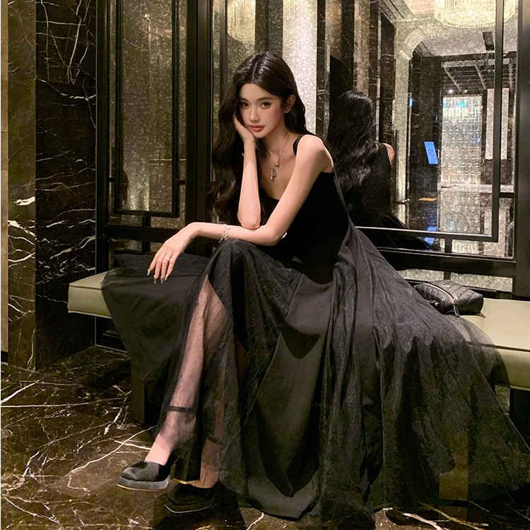 A308 方领吊带黑色连衣裙夏季小众富家千金风长裙