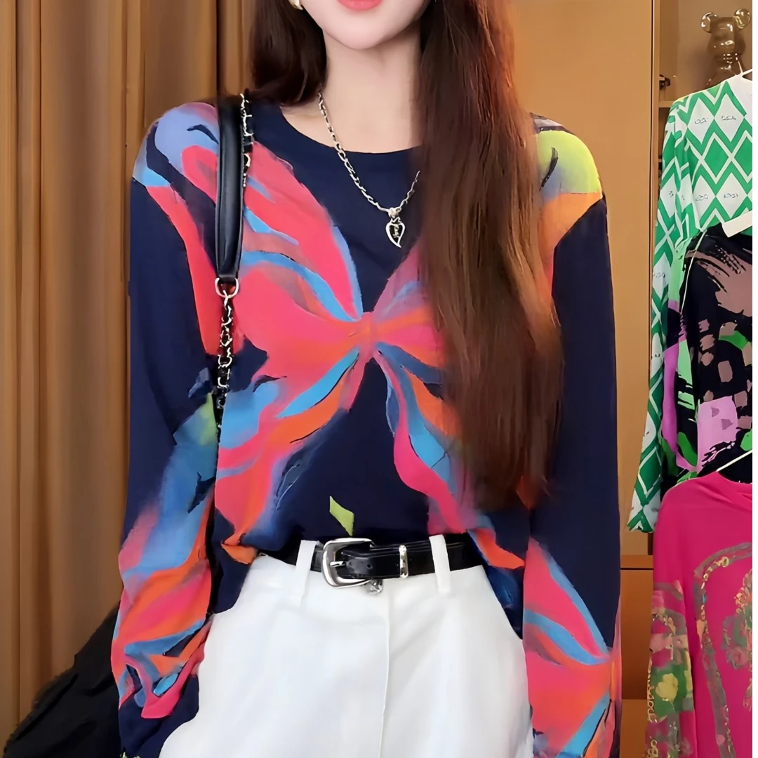 秋季轻熟风小众设计感防晒T恤女彩色多巴胺蝴蝶结印花长袖上衣女