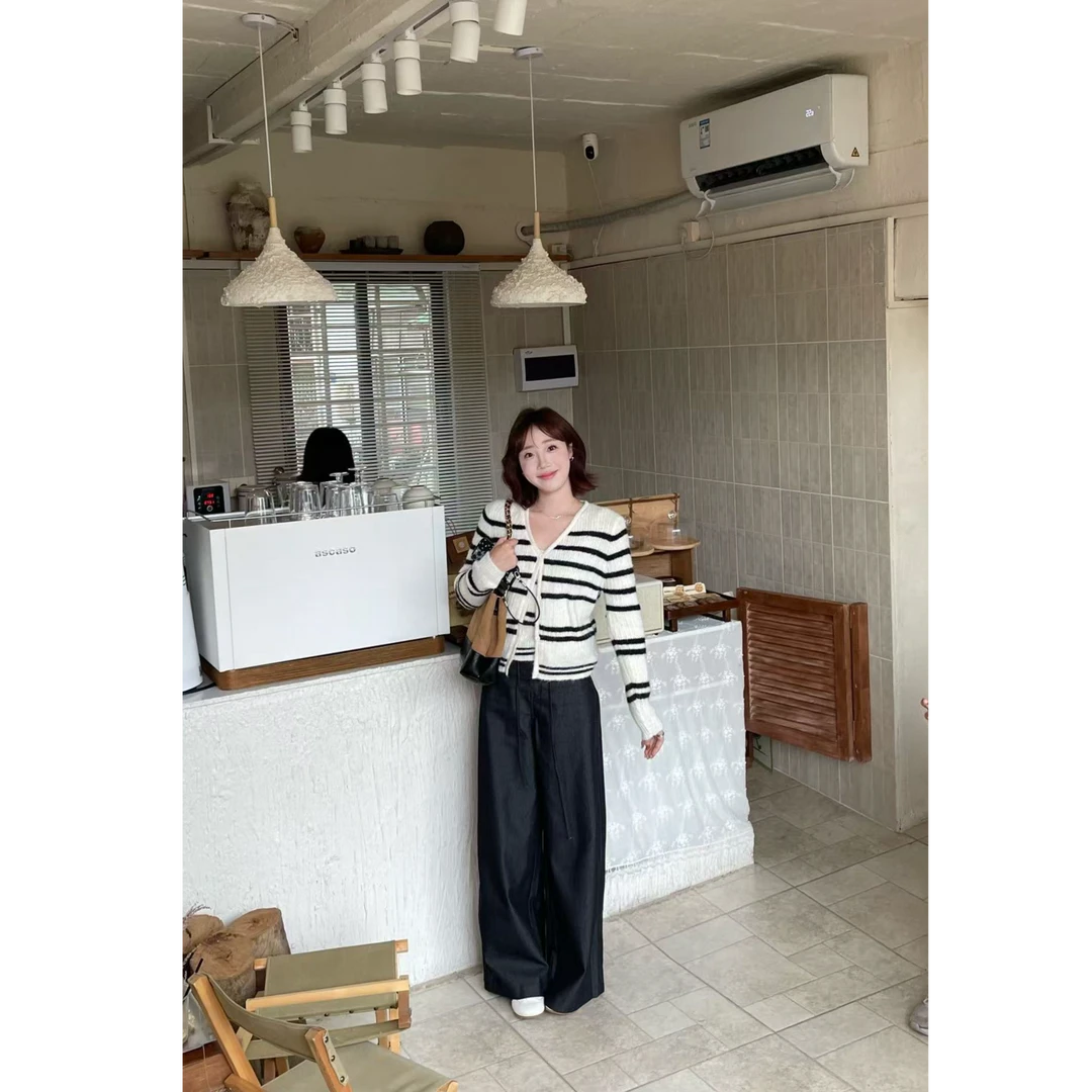 YPP！【轻松日】秋季显瘦条纹短款针织衫真两件上衣