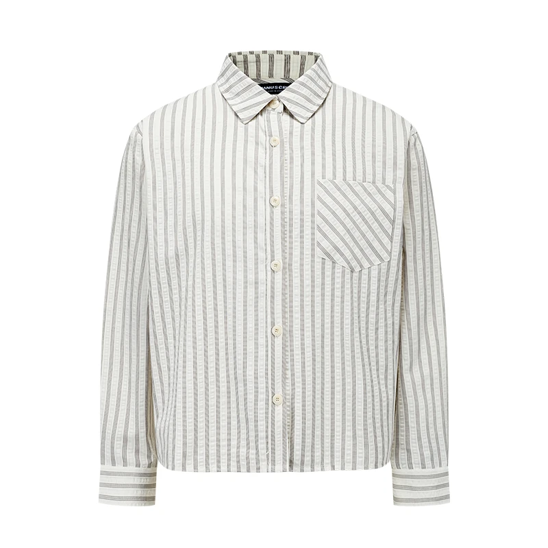 MANUSCRIPT 条纹泡泡纱衬衫高智感休闲正肩长袖衬衣复古条纹上衣