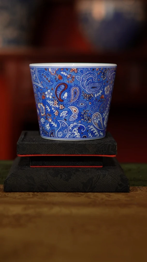 摆件全手工手绘 青花釉里红鼔花可乐杯150C