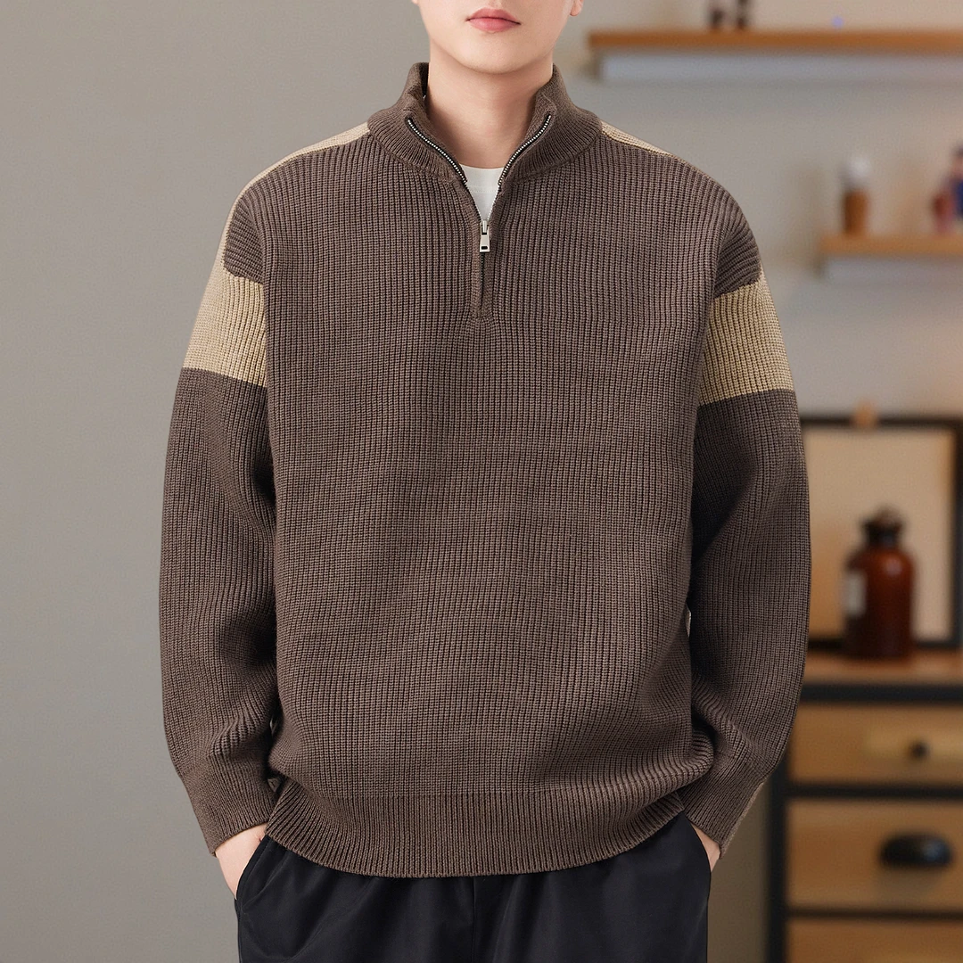 820g重磅半拉链立领毛衣男秋冬新款慵懒风撞色宽松保暖套头针织衫