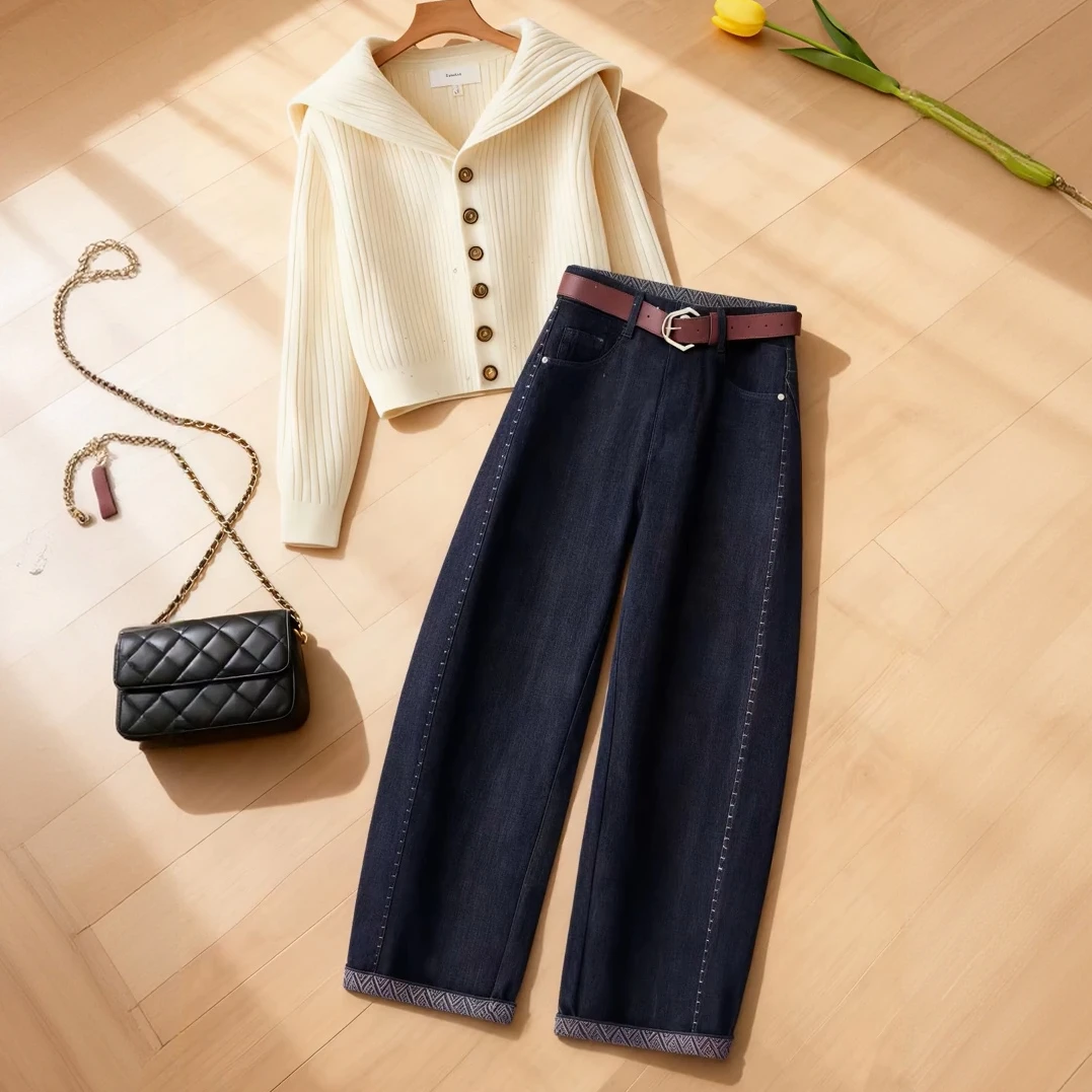 小个子丹宁蓝加绒弯刀牛仔裤女秋冬季2025新款高腰修身九分哈伦裤