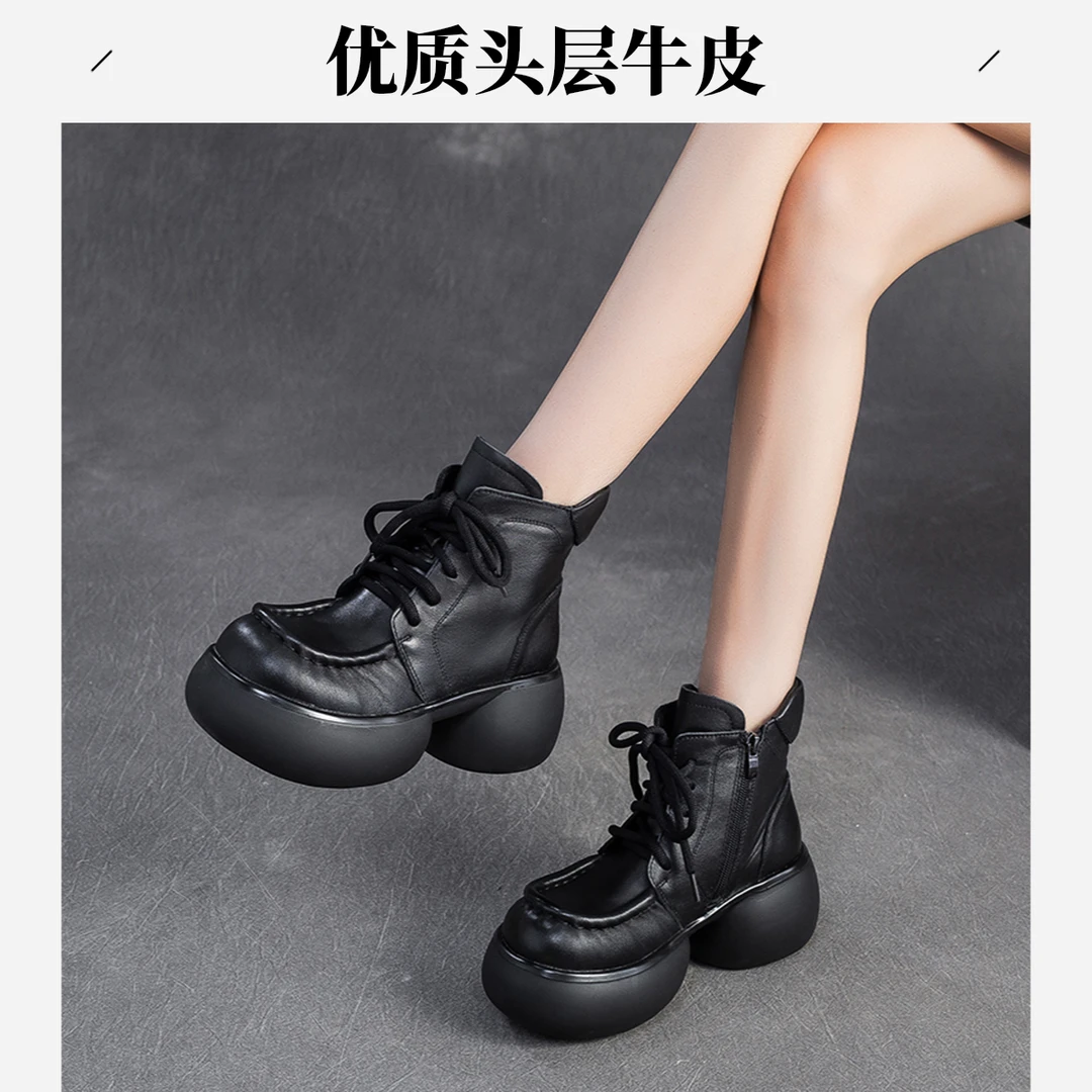 女复古港风秋冬马丁靴复古女鞋系带圆头马丁靴新款头层牛皮短靴