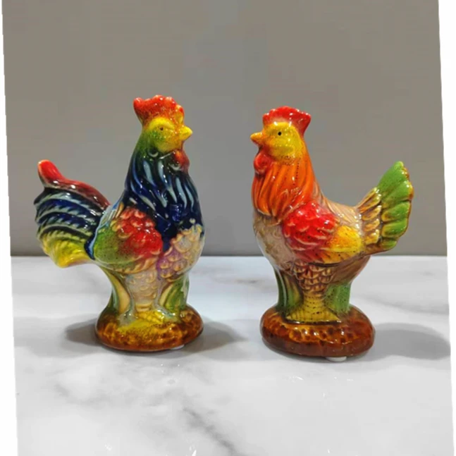 现货创意家居彩色动物生肖鸡小礼品套组公鸡母鸡陶瓷工艺品摆件