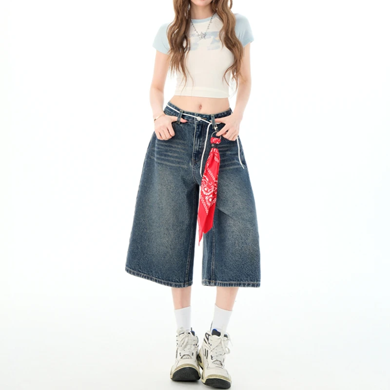 复古蓝高腰阔腿七分牛仔短裤女夏季薄款宽松显瘦小个子直筒中裤子