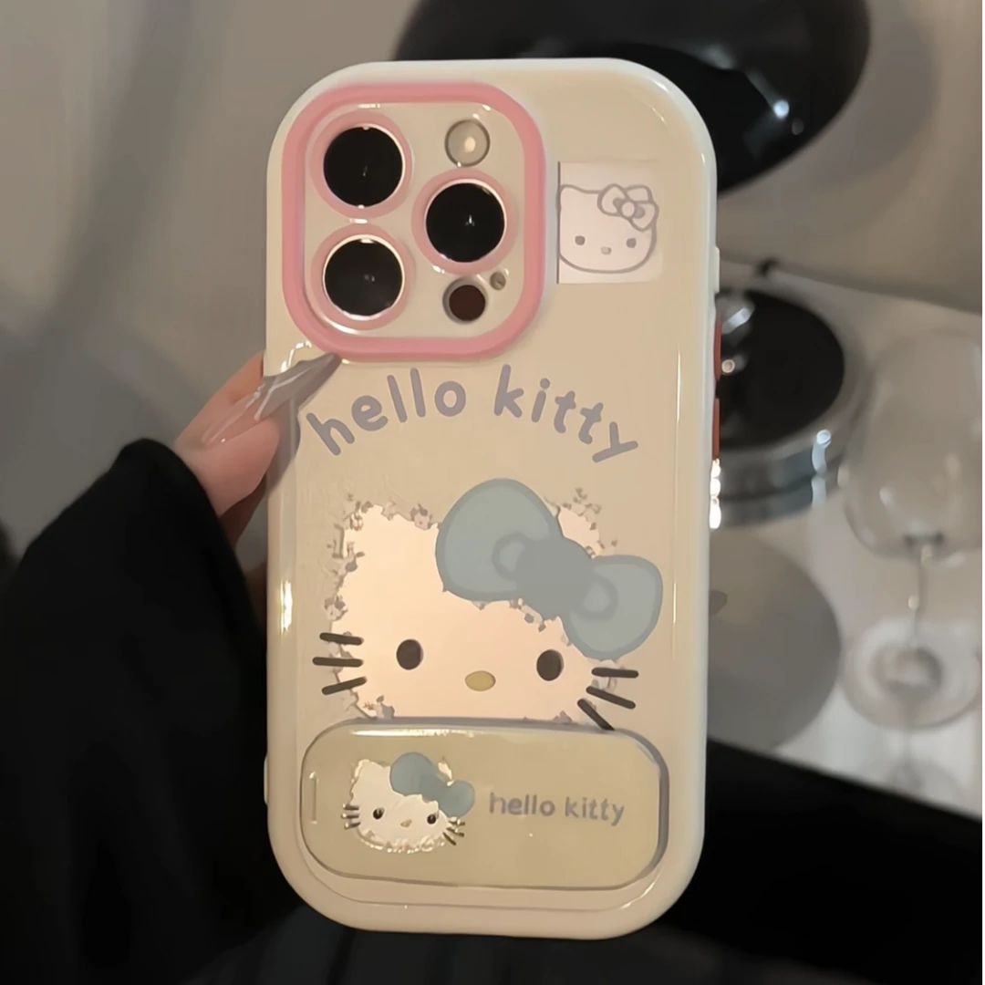 适用苹果/华为/小米/荣耀/oppo/VIVO花纹猫咪支架镜面奶油手机壳