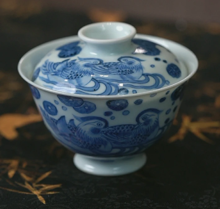 半山慕明青花莲池鸳鸯盖碗景德镇茶具家用泡茶盖碗中式