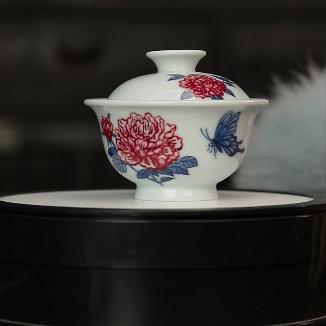 12.15/M11B10/青花釉里红/牡丹/蝶恋花/盖碗