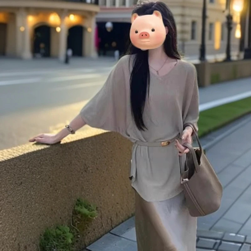 【运费险+送腰带】老钱风慵懒品质冰丝V领上衣2025夏季宽松清凉针织