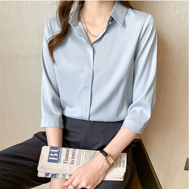【垂感通勤】初秋高档缎面职业白衬衫女七分袖简约柔软百搭工装上衣