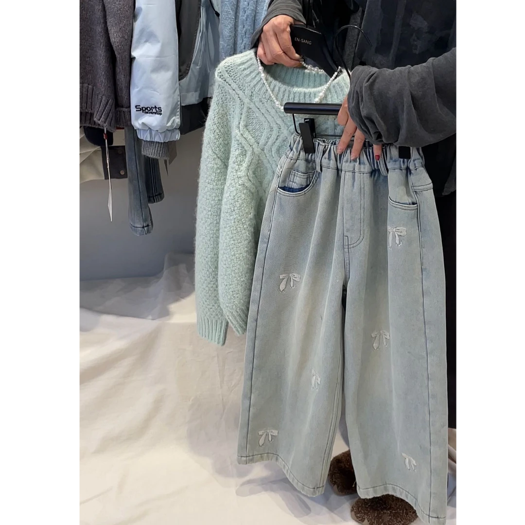 Alice•25冬~时尚蝴蝶结亮片加绒牛仔裤35171蓝色12-20