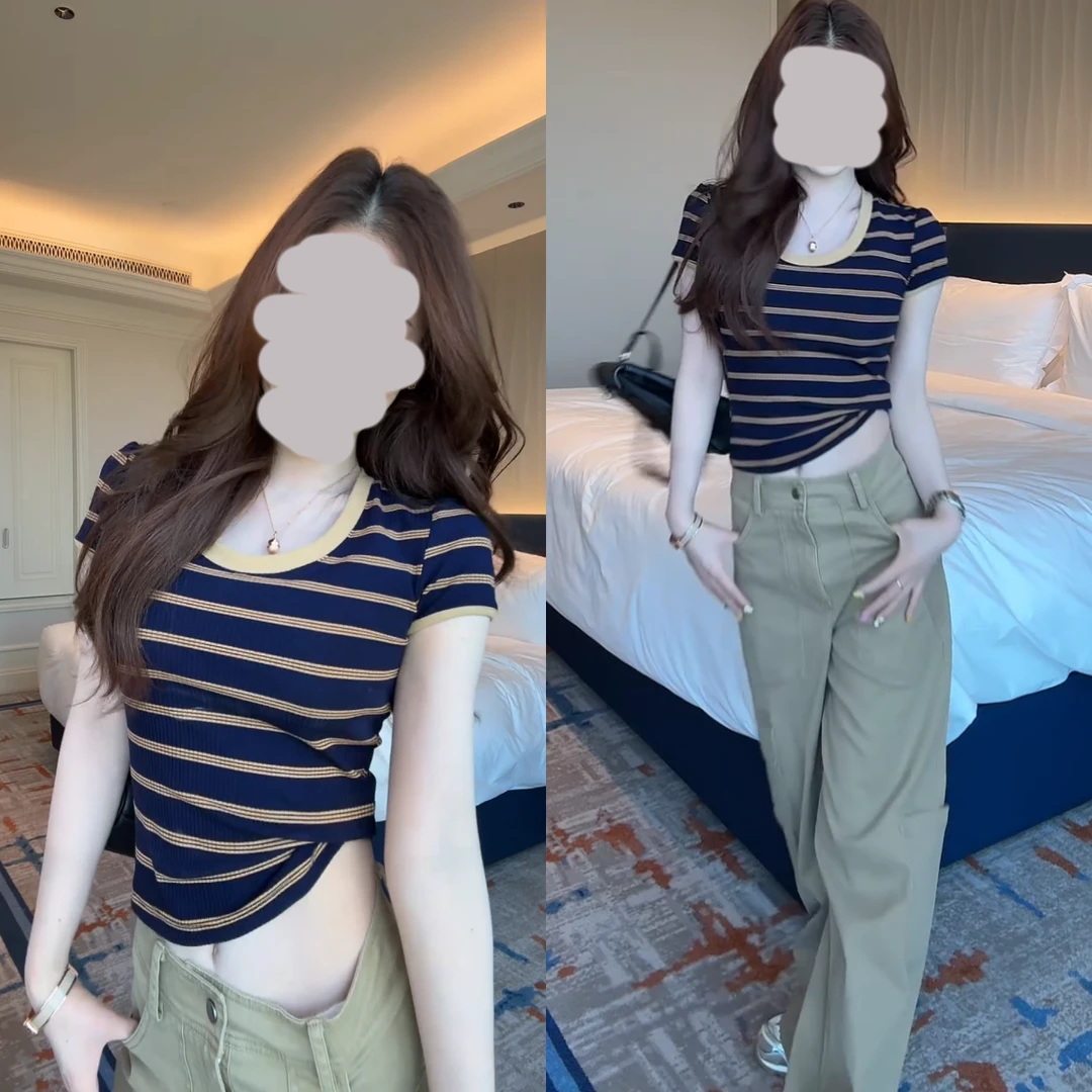 甜酷辣妹套装女条纹短袖t恤休闲工装裤洋气时尚两件套夏季