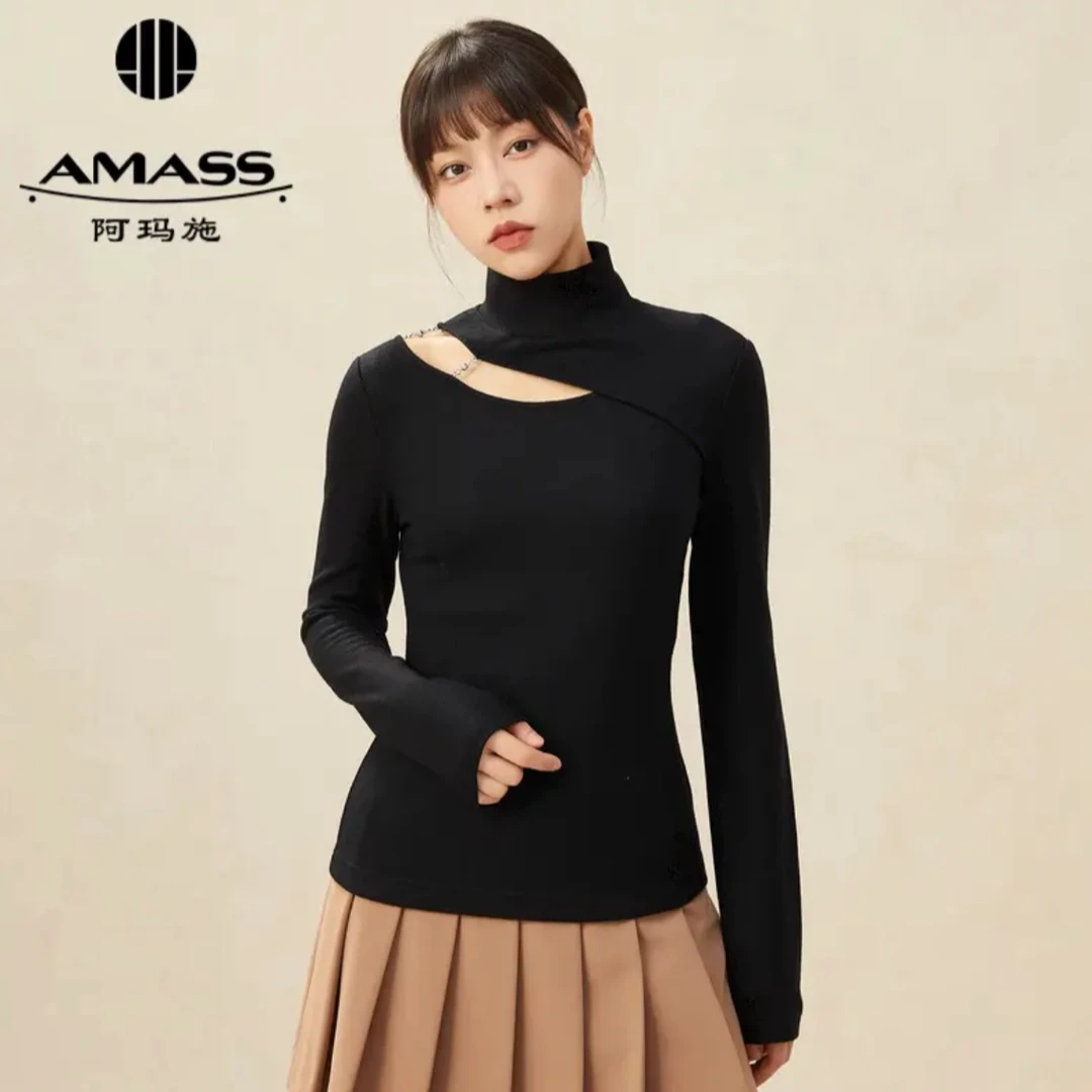 AMASS阿玛施秋冬百搭修身镂空设计长袖针织上衣女打底黑色5300879