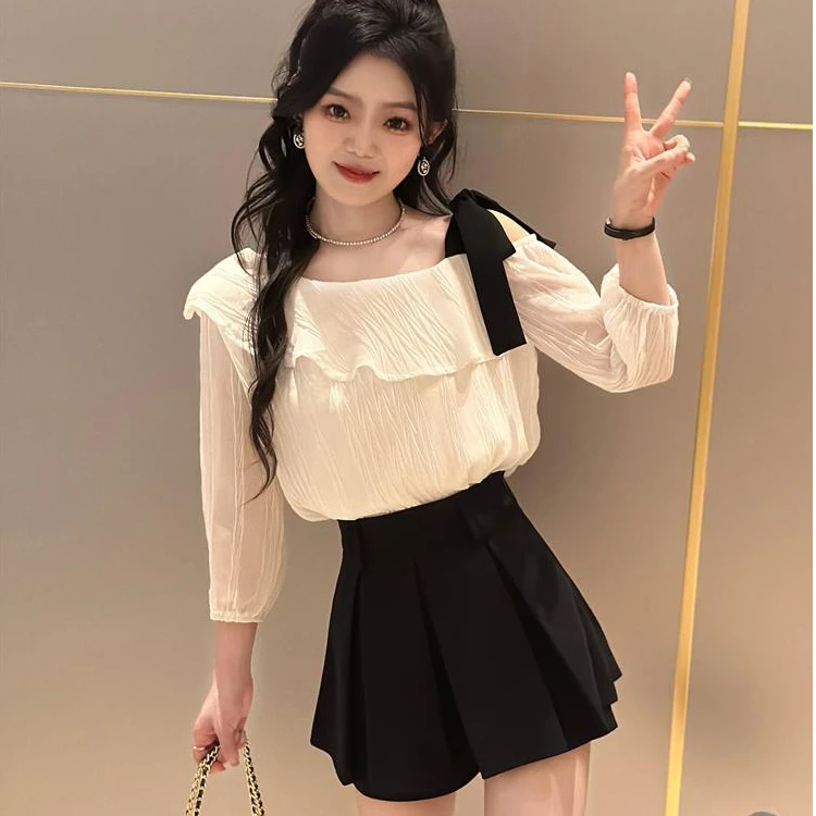 少女风千金风时尚套装法式小众洋气上衣气质七分袖荷叶边小衫长袖