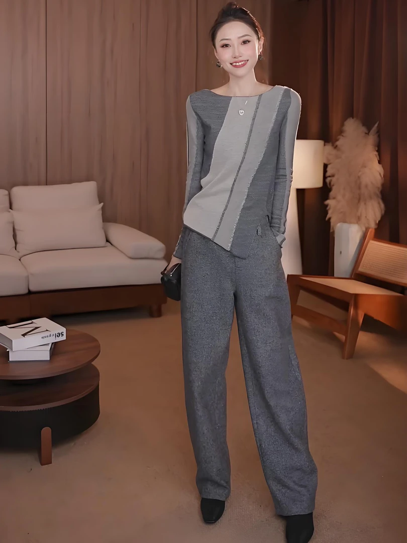 2025秋季新款今年流行女装设计感时尚灰色针织上衣阔腿裤两件套装