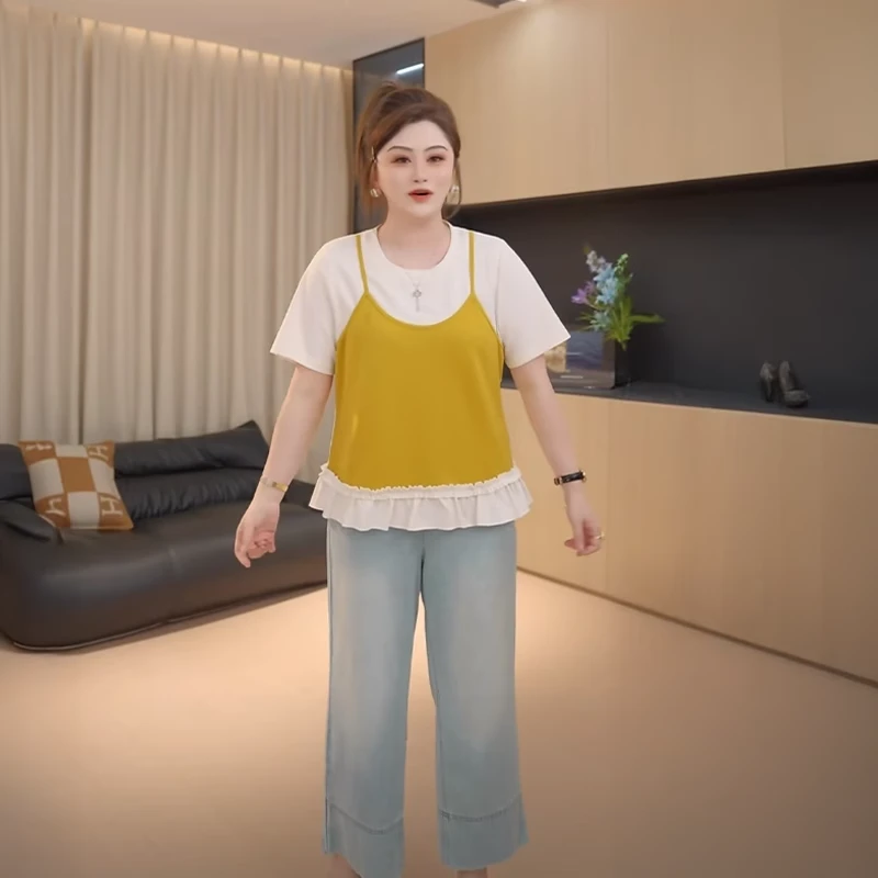 胖佳佳大码女装假两件撞色正肩短袖T恤女夏季胖mm减龄遮肚子上衣