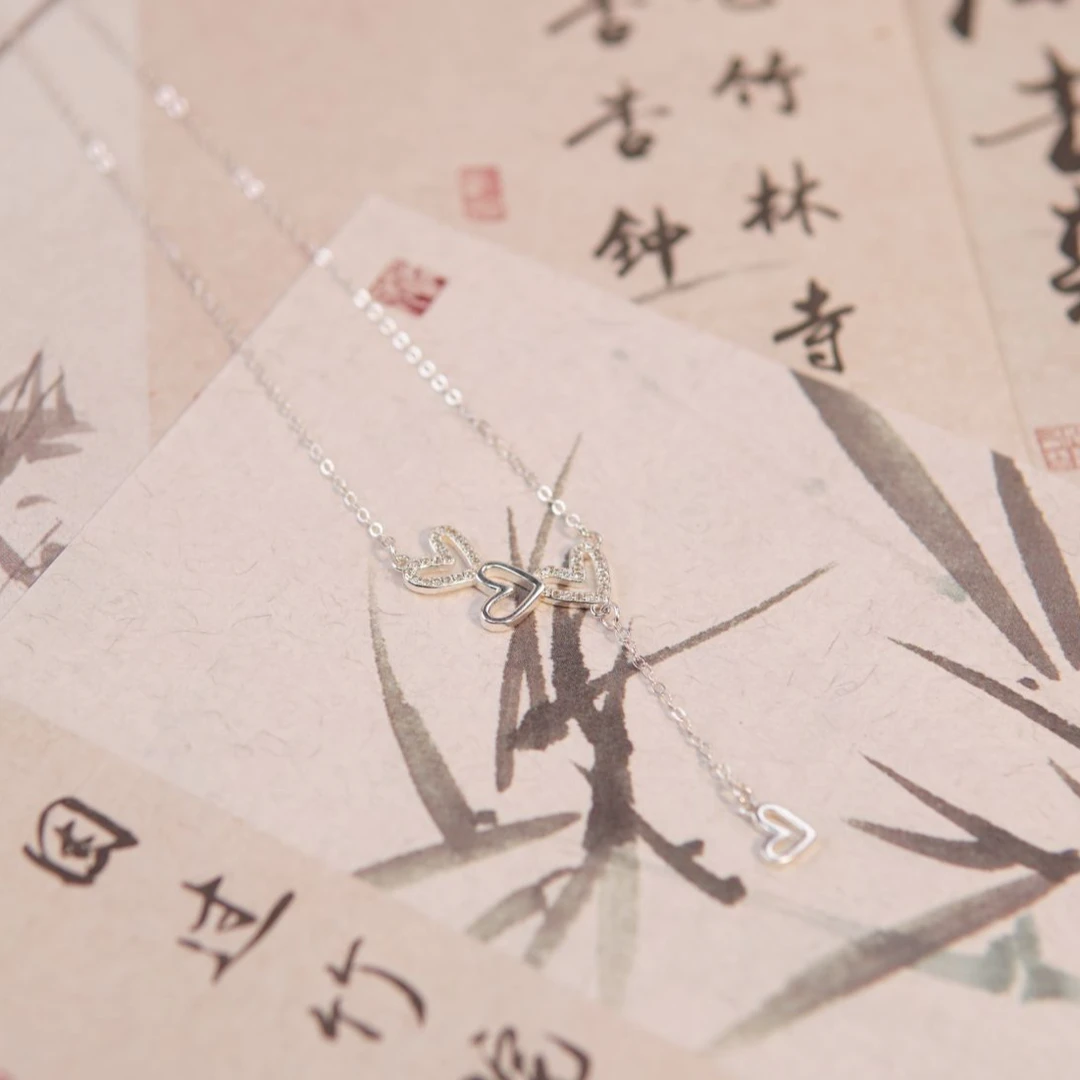 坠链均足银 苗人匠银坊 足银纯手工 心连心流苏款锁骨链