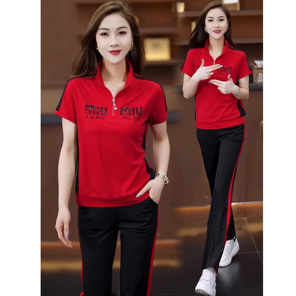 冰丝休闲运动服套装女夏季新款洋气显瘦立领短袖上衣阔腿裤两件套