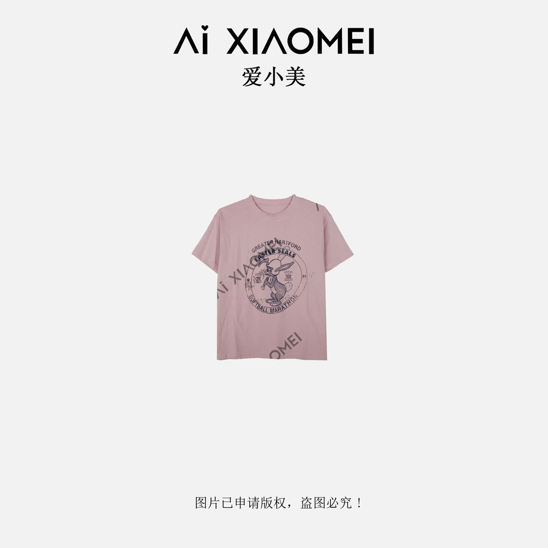 兔子印花磨破短袖100精梳棉透气简约百搭T恤SY-2696