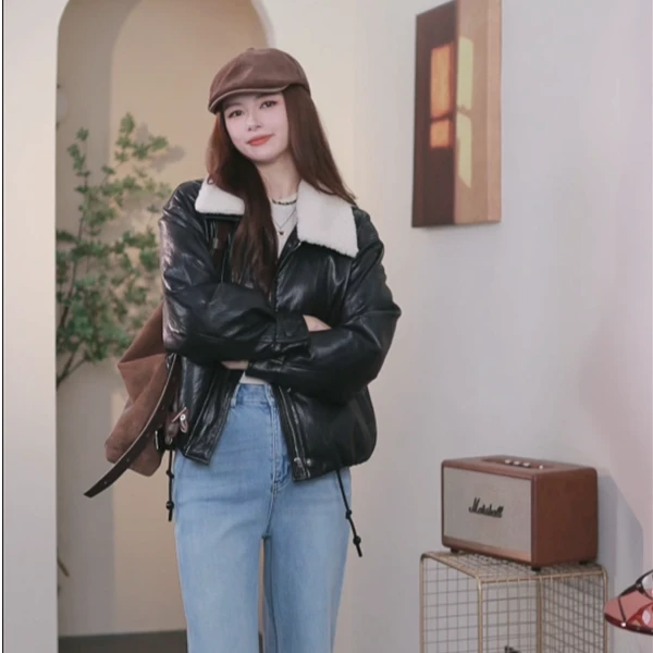 【皮衣羽绒服】2025年秋冬新款加厚保暖机车皮衣宽松版夹克皮衣外套