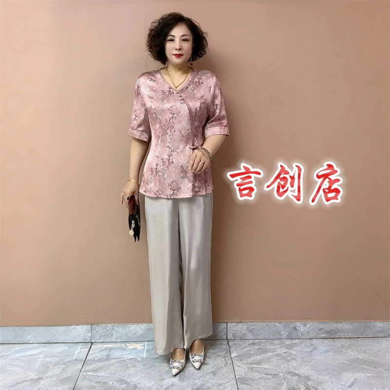 2521气质夏季短袖国风真丝旗衫妈妈装洋气衬衫遮肉显瘦阔腿裤套装